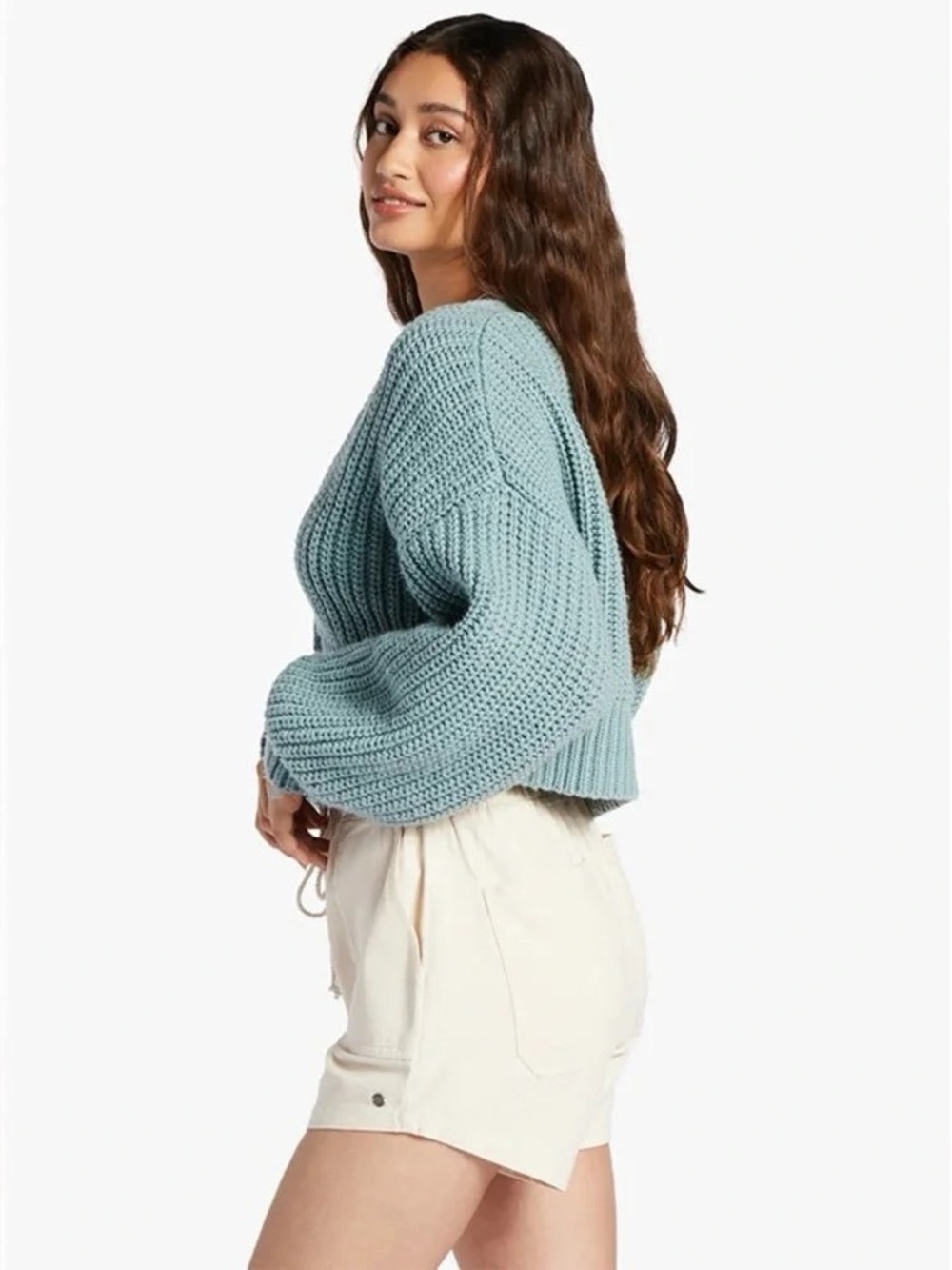 Roxy Sundaze Button-Up Cropped Cardigan Blue Chunky Knit Women Size L